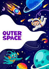 Space poster with cartoon alien, rocket and kid astronaut between space planets, vector background. Galaxy adventure and outer space exploration, kid spaceman and rocketship or spacecraft on planet