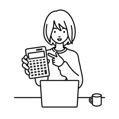 a woman in casual style recommending, proposing, showing and pointing a calculator with a smile in front of laptop pc