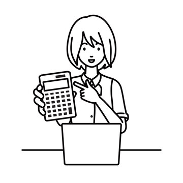 recommend clip art: a woman in clerical uniform recommending, proposing, showing estimates and pointing a calculator with a smile in front of laptop pc