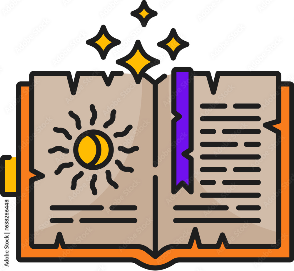 Poster spell book witchcraft and magic icon. enchanting open volume vector sign symbolizing ancient knowled