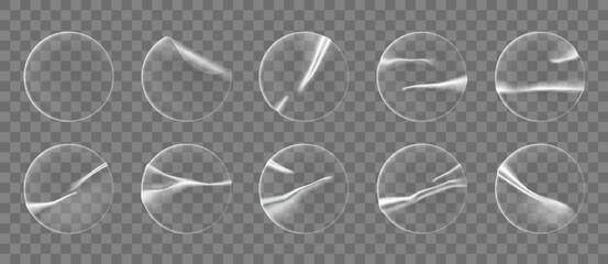 Transparent round plastic stickers, circle adhesive overlay patches, realistic vector. Adhesive patches and sticky film labels, transparent plastic foil stickers with crumpled or wrinkled texture