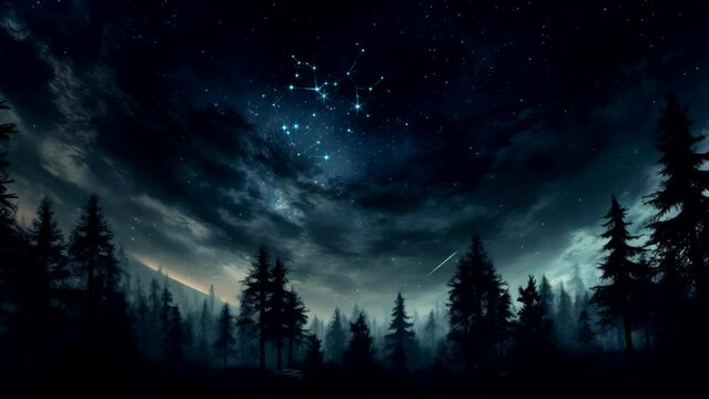 falling star moment above pine tree forest in sky with clouds at night