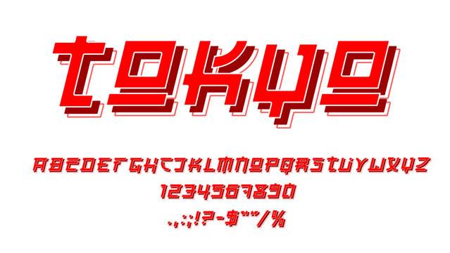 Anime font or Japanese type, retro alphabet and Tokyo arcade typeface, vector hieroglyph letters and numbers. Japanese font or anime type alphabet and ABC typeset in Japan script signs in typescript