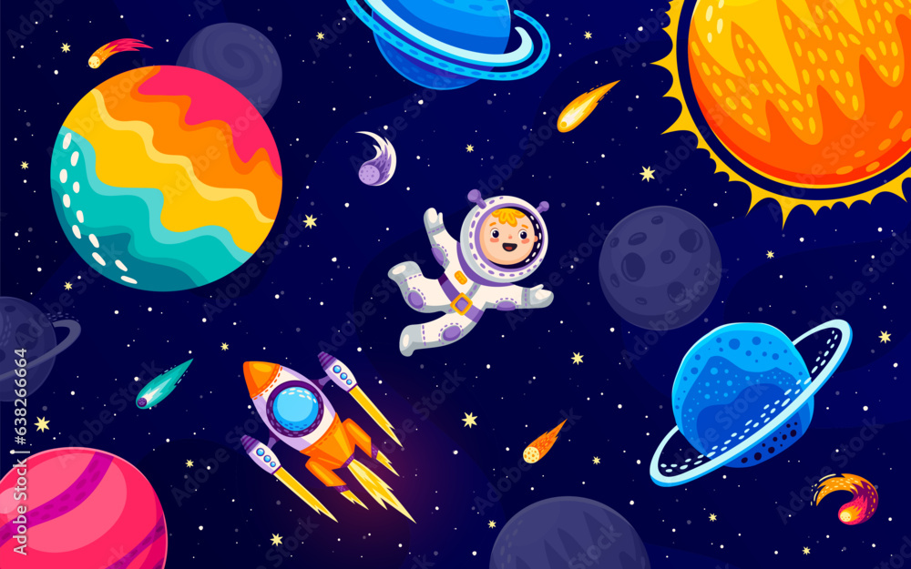 Poster cartoon astronaut character in outer space, galaxy planets and flying starship. little boy cosmonaut