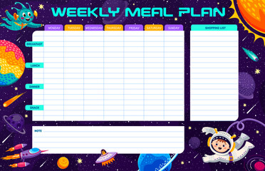 Weekly meal planner. Cartoon astronaut and alien in outer space. Week cooking diary page, meal vector calendar with boy astronaut and alien funny personages flying in outerspace, galaxy planets