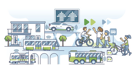 Future of transportation with green energy in modern society outline concept. Environmental infrastructure and sustainable public transportation with innovative self driven bus vector illustration.
