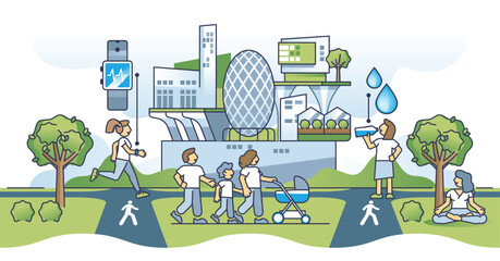 Health and well being in modern nature friendly world with green environment outline concept. Healthy urban society with physical activities, suitable for families and recreation vector illustration. - obrazy, fototapety, plakaty