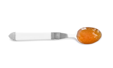 Spoon with sweet apricot jam on white background