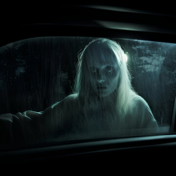thriller horror setting of a ghost sitting on the backseat of a car