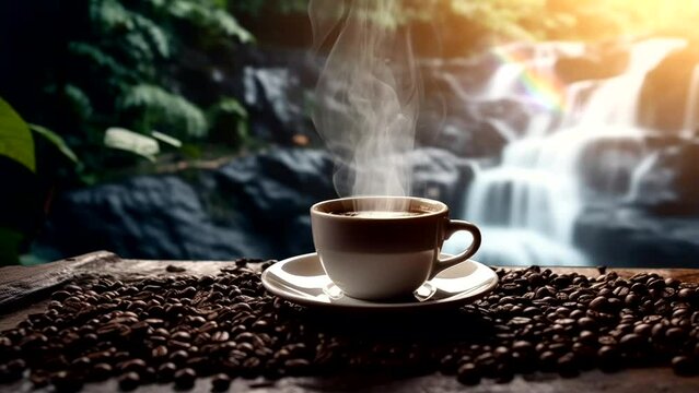 cup of coffee with beans at waterfall background
