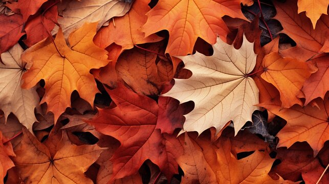 Close up of Autumn leaves image in the style of light orange and light crimson, AI generated.