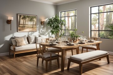 Modern Scandinavian interior of the living room with dining room with wooden table with sofa in the corner comfortable atmosphere with sunlight from the window.