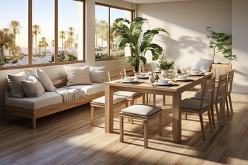 Fototapeta premium Modern Scandinavian interior of the living room with dining room with wooden table with sofa in the corner comfortable atmosphere with sunlight from the window.