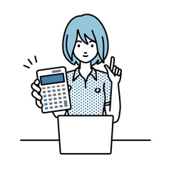a woman in polo shirt recommending, proposing, showing estimates and pointing a calculator with a smile in front of laptop pc