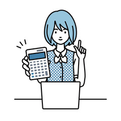 a woman in clerical uniform recommending, proposing, showing estimates and pointing a calculator with a smile in front of laptop pc