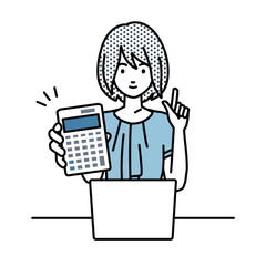 a woman in casual work style recommending, proposing, showing estimates and pointing a calculator with a smile in front of laptop pc