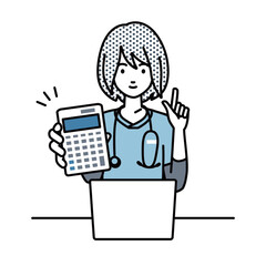 a nurse woman recommending, proposing, showing estimates and pointing a calculator with a smile in front of laptop pc