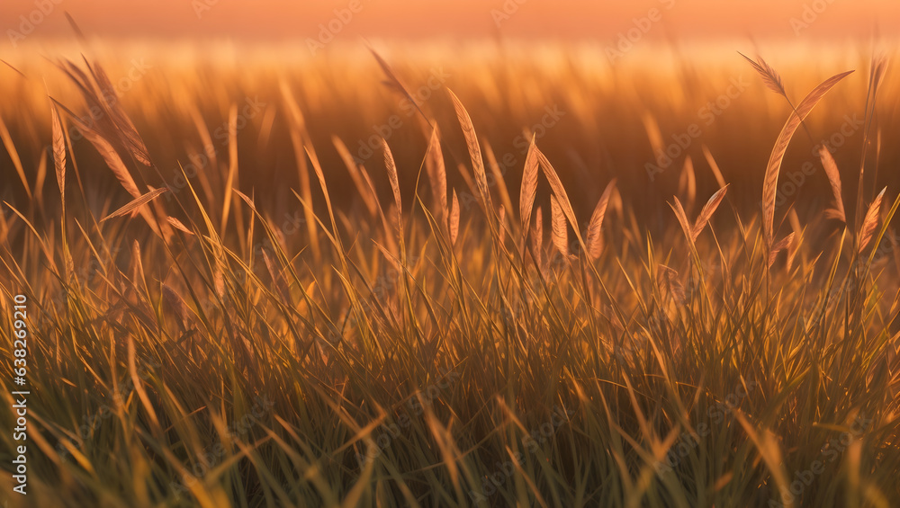 Wall mural Wild feather grass on the forest meadow at sunset. Plants sways in the wind. Macro image, shallow depth of field. Beautiful summer nature background. 4k, Generative AI