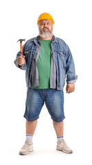 Portrait of senior man in hardhat with hammer isolated on white background. Labor Day celebration