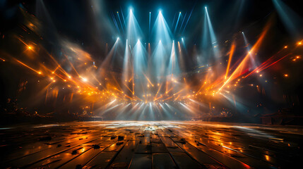 golden rainbow light awards stage with rays and sparks and fog - obrazy, fototapety, plakaty