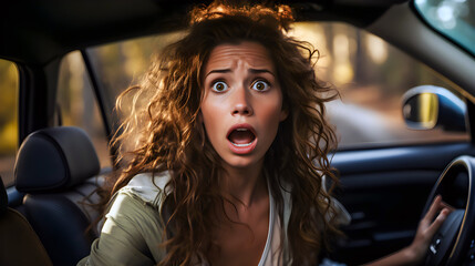 woman gave a shocked expression as she sat in the car.