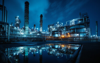 A chemical plant or an oil refinery in the night, with lights, pipes and installations