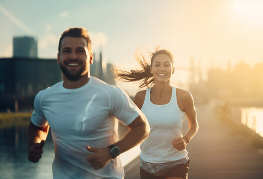 Young couple jogging in a sunny morning