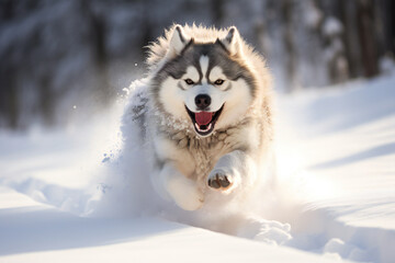 Naklejka premium Alaskan malamute running happy in the snow