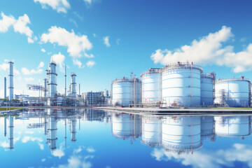 A wide angle image of a generic hydrogen power plant with tanks and pipes. Hydrogen clean power concept.