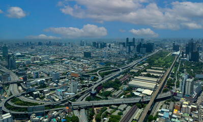 The rooftop view roundabout interchange expressway in the urban traffic way. - obrazy, fototapety, plakaty