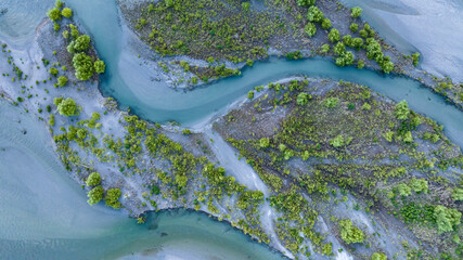 The aerial view with a ecosystem of the River lagoon Valley and blue water river