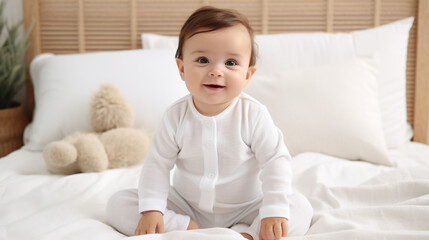 Fototapeta premium pristine white bed, a baby wears a white shirt bodysuit mockup, the bodysuit's snug fit envelops the baby in comfort