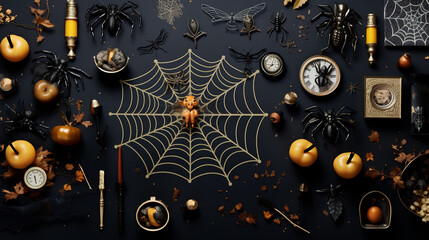 Halloween background with pumpkins spiderwebs skeletons, and spiders on a black background Flat lay top view copy space

