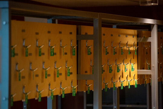 Wall-mounted board with multiple hooks holding keys in an organized system.
