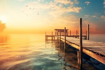 Fototapeta premium An empty wooden dock in the calm water of a lake