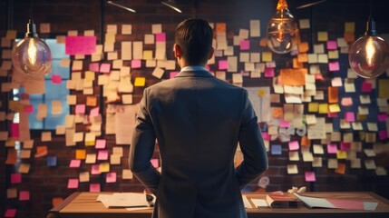 businessman is looking and analyzing sticky note on brainstorming board of his business office. - obrazy, fototapety, plakaty