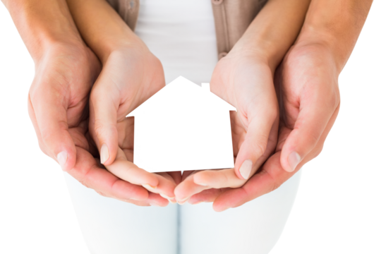 Digital png photo of hands of caucasian couple holding house on transparent background