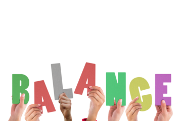 Digital png illustration of hands with balance text on transparent background