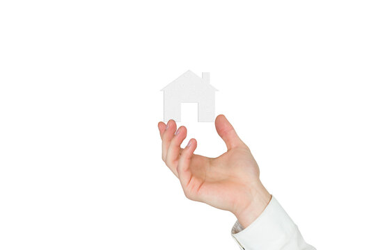 Digital png photo of hand of caucasian man holding house on transparent background