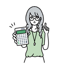 立って電卓を持ってこちらに向けて見せている教師の女性