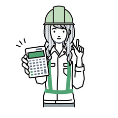 立って電卓を持ってこちらに向けて見せている工事現場の女性