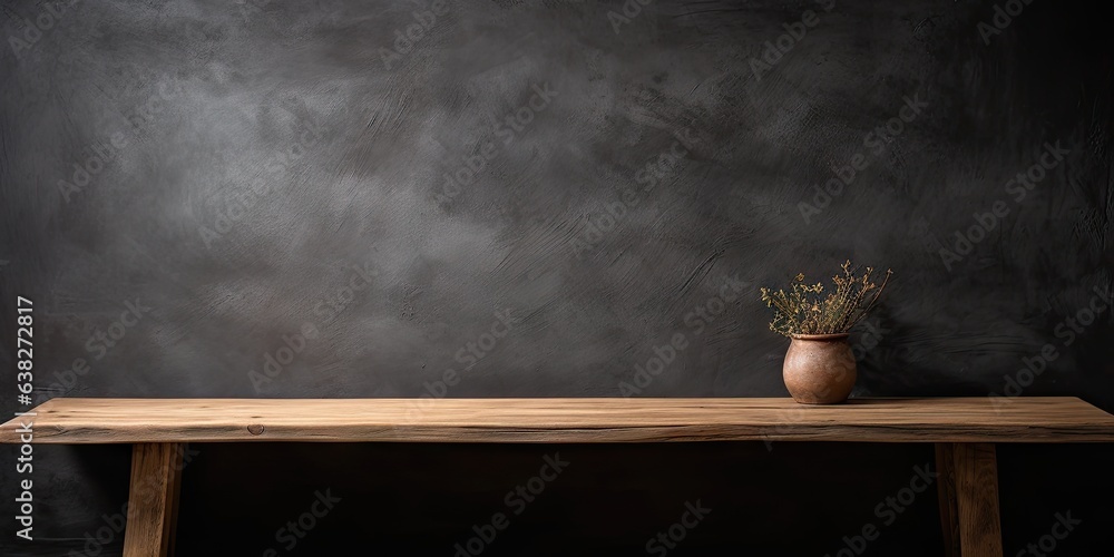 Poster minimalist elegance. dark wooden table in empty space. vintage vibes. textured in retro design. time