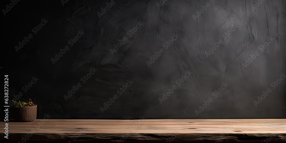 Poster minimalist elegance. dark wooden table in empty space. vintage vibes. textured in retro design. time