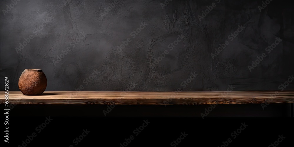 Poster minimalist elegance. dark wooden table in empty space. vintage vibes. textured in retro design. time