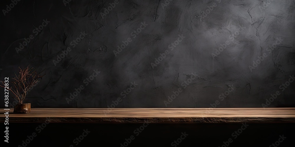 Poster minimalist elegance. dark wooden table in empty space. vintage vibes. textured in retro design. time