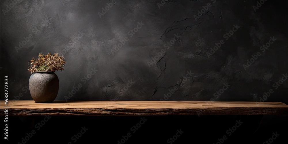 Poster minimalist elegance. dark wooden table in empty space. vintage vibes. textured in retro design. time