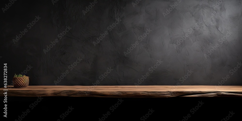 Poster minimalist elegance. dark wooden table in empty space. vintage vibes. textured in retro design. time
