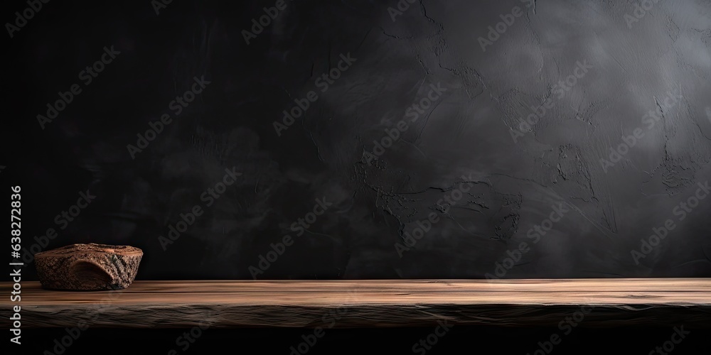 Poster minimalist elegance. dark wooden table in empty space. vintage vibes. textured in retro design. time