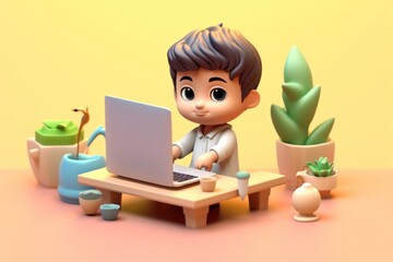 A business boy working with laptop on desk 3D Tiny cute isometric Generative AI.