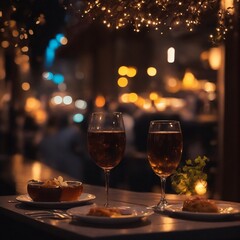 Romantic date night under starry skies at a charming street restaurant for two. A tale of love, captured in lights.